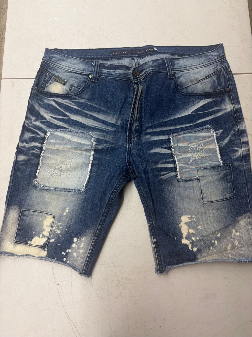 Parish Nation Size 40 Distressed Blue Patchwork Denim Shorts - Men's